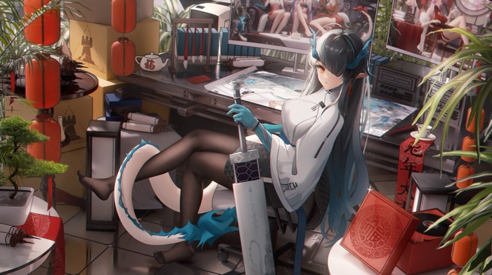 Dusk from Arknights with a sword at a desk