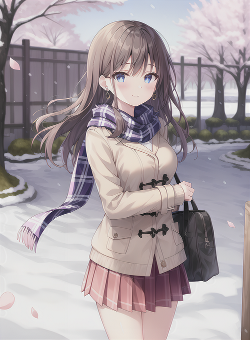 Anime girl in winter coat with scarf and skirt