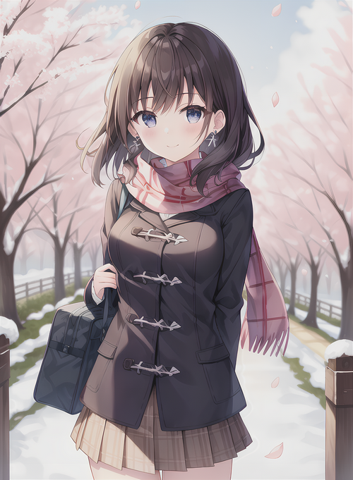 Schoolgirl in scarf under cherry trees with snow