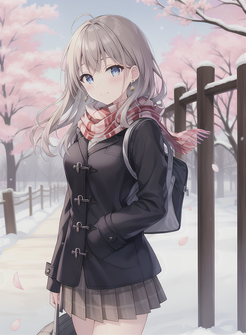 Anime schoolgirl in winter with cherry blossoms
