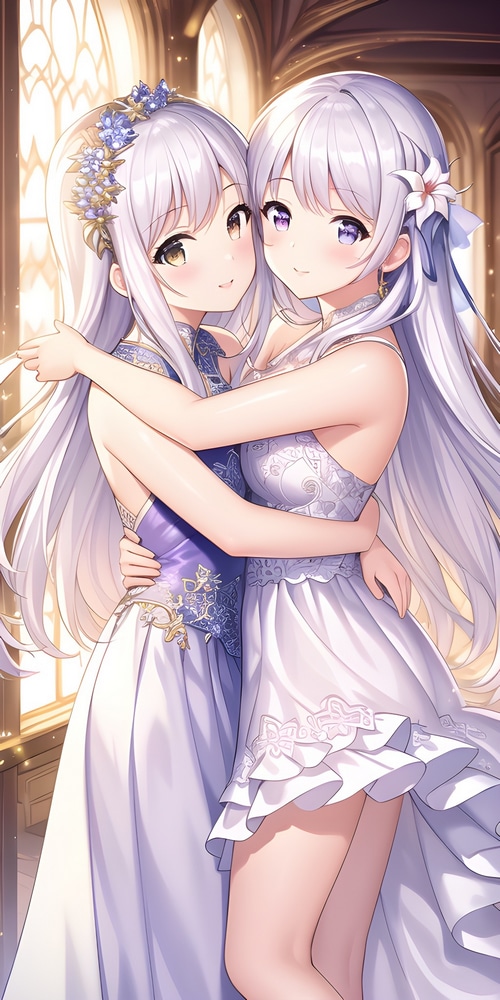 Two anime girls hugging, wearing dresses with flowers