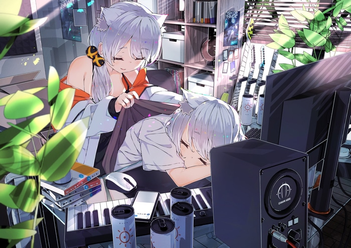 Two cat-eared girls in a room with musical instruments