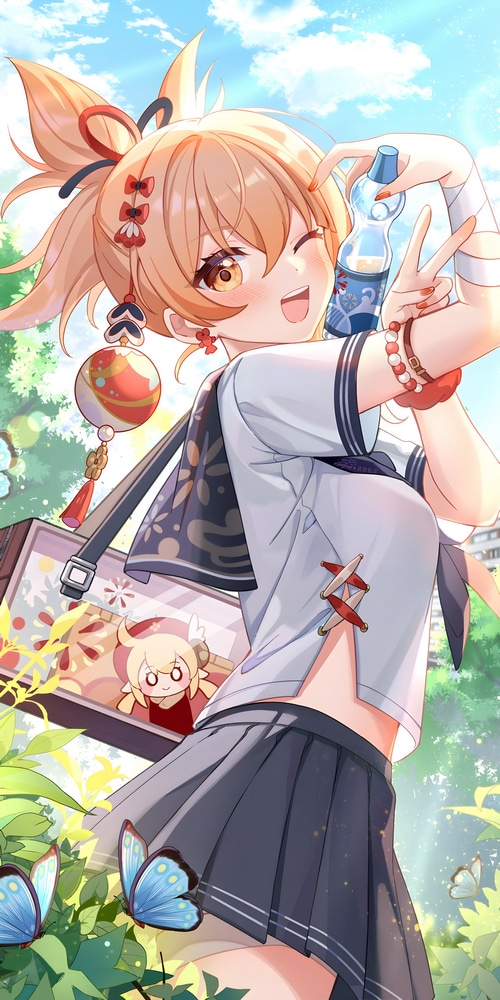 Yoimiya from Genshin Impact with a water bottle