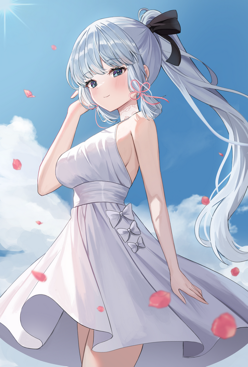 Kamisato Ayaka in a white dress with petals falling