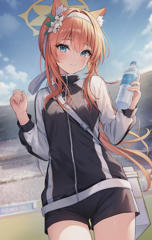 Anime girl with cat ears holding a water bottle