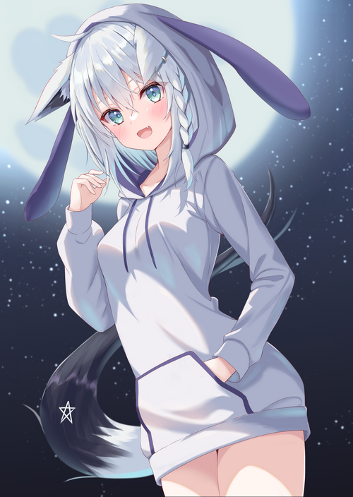 Anime girl with wolf ears and tail under the moon