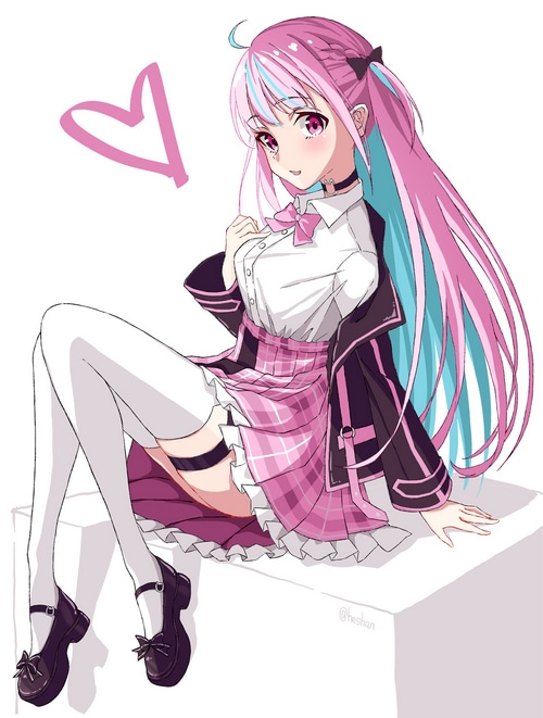 Minato Aqua in a pink plaid skirt and white thigh-highs