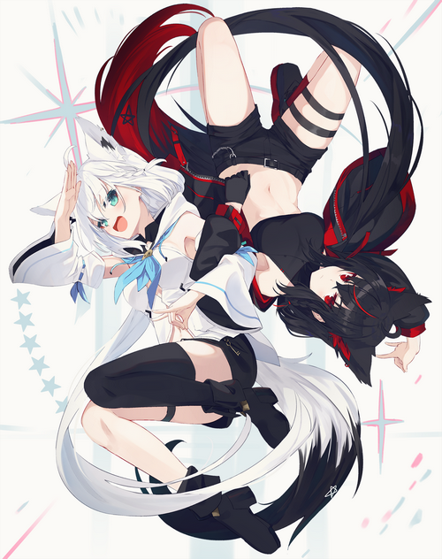 Two wolf girls with white and black hair in dynamic poses