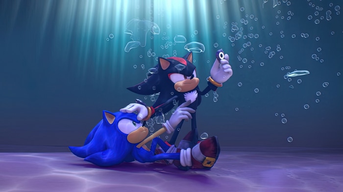Sonic and Shadow underwater with rings