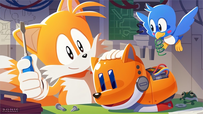 Tails and Chocola build a robot in a lab