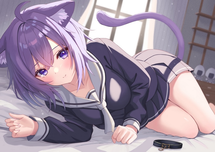 Nekomata Okayu in a school uniform with cat ears and tail