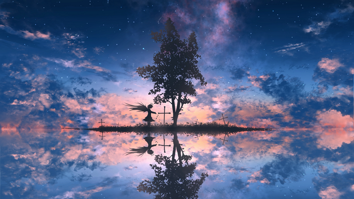 Angel girl and tree with crosses reflected in water