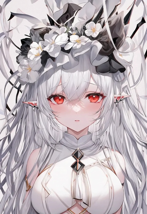 Anime girl with red eyes and white hair, Arknights