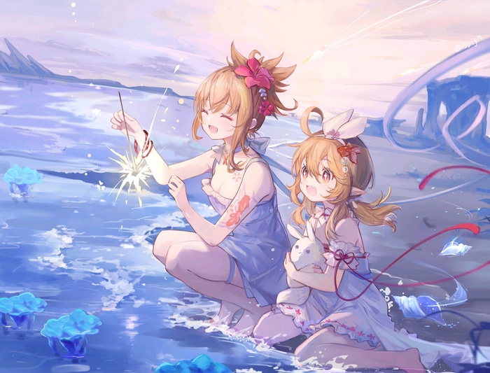 Yoimiya and Klee with fireworks by the water