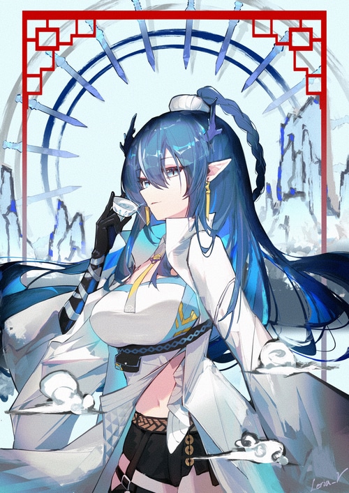 Ling from Arknights holding a cup