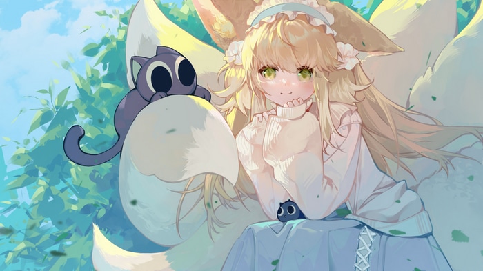 Suzuran from Arknights with a cat and fox tails