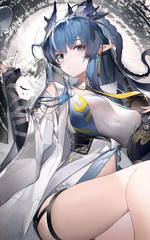 Ling from Arknights with blue hair and pointy ears