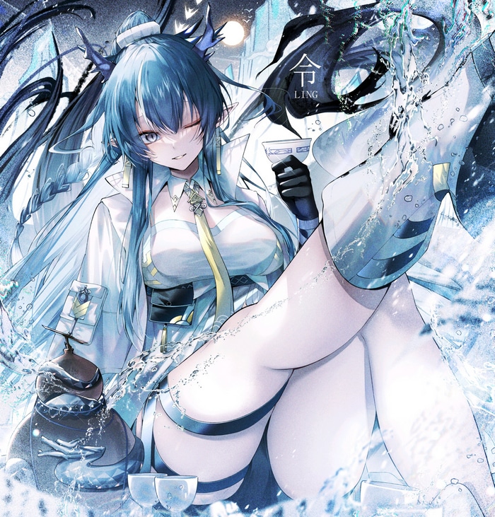 Ling from Arknights holding a cup with water splashing