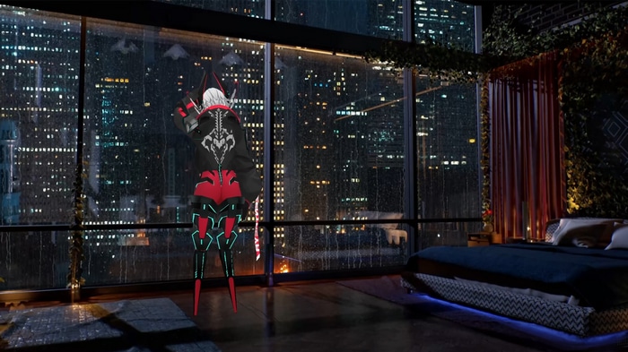 Zentreya in a cyberpunk bedroom overlooking a rainy city