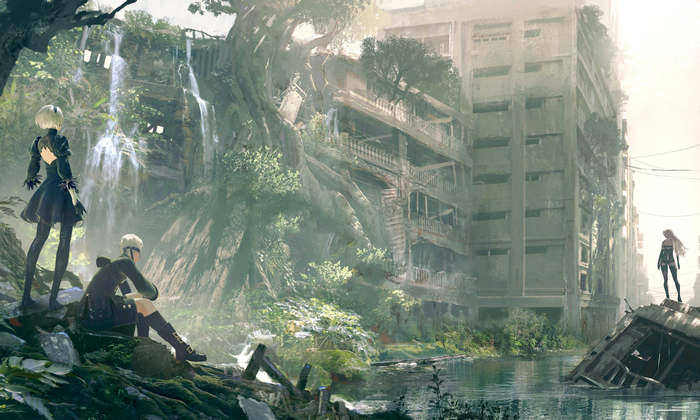 2B, 9S, and A2 in Nier: Automata ruins