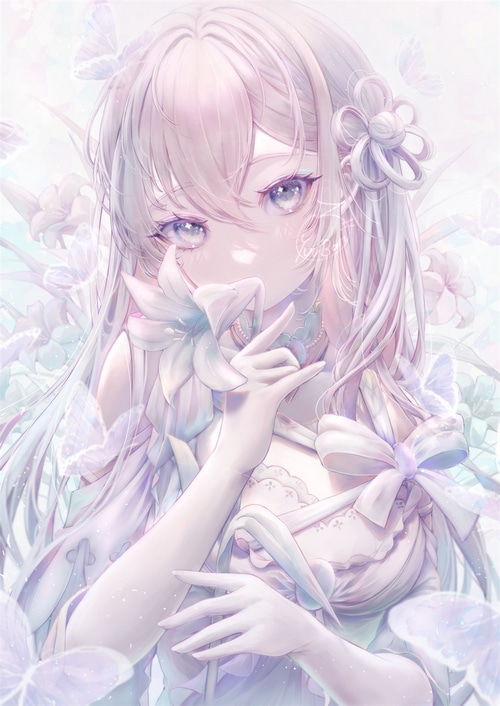 Anime girl with white flowers and butterflies