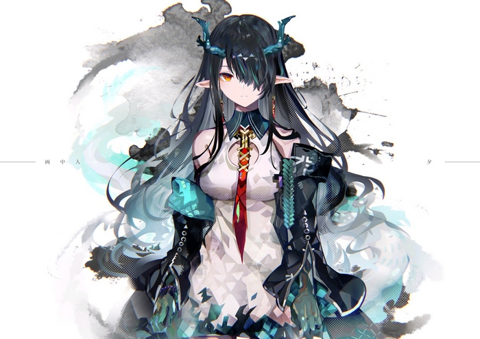 Dusk from Arknights with dragon horns and pointy ears