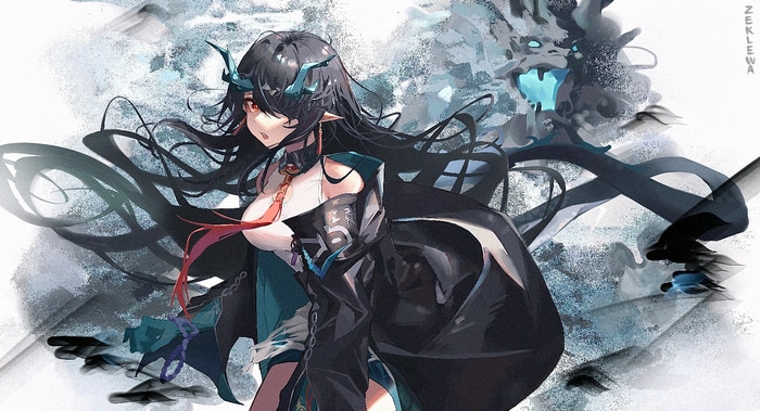 Dusk from Arknights with a dragon