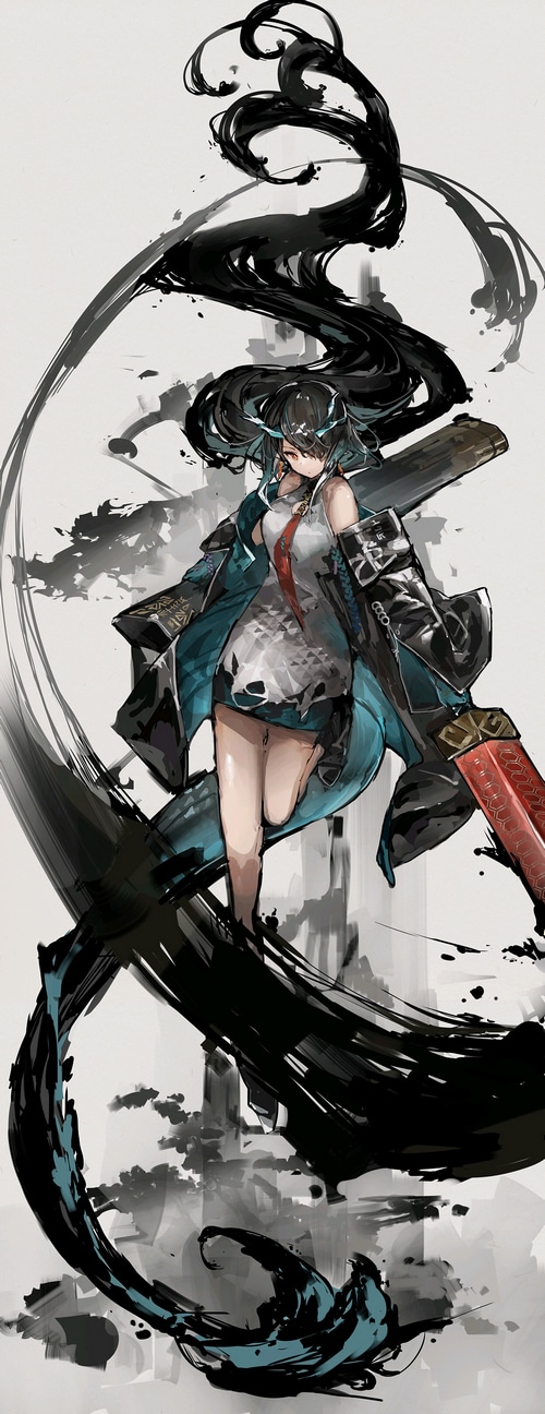 Dusk from Arknights with a sword and dragon horns
