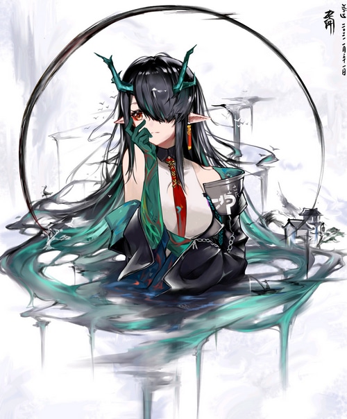 Dragon girl with horns and long black hair, Arknights