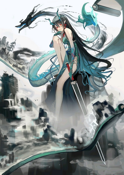 Dragon girl with sword and dragon in a city