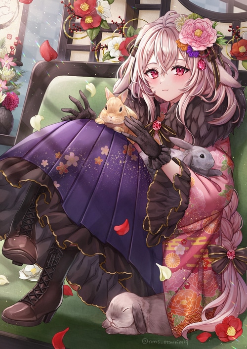 Girl with animal ears and rabbits in kimono