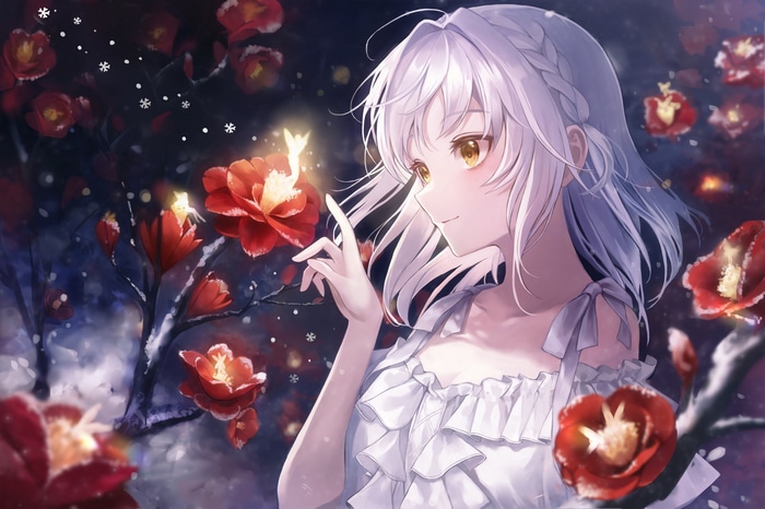Anime girl with white hair and yellow eyes among flowers