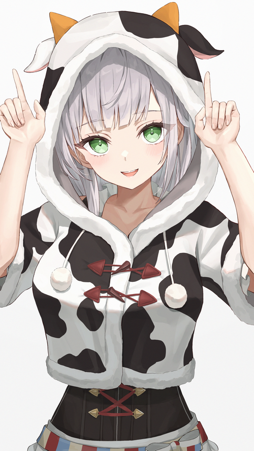 Anime girl in cow hoodie with green eyes