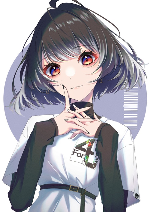 Anime girl with short dark hair and colorful eyes