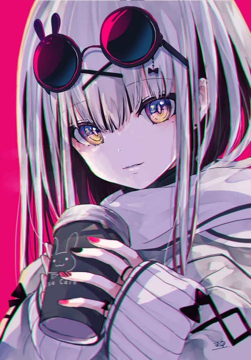 Anime girl with bunny sunglasses holding a coffee cup