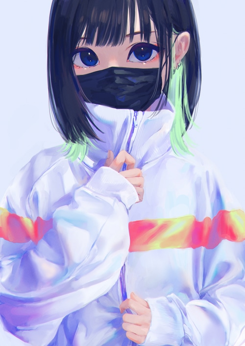 Anime girl with black and green hair wearing a mask