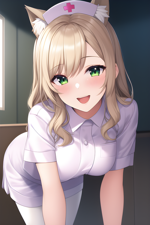 Cat girl nurse with green eyes and blonde hair