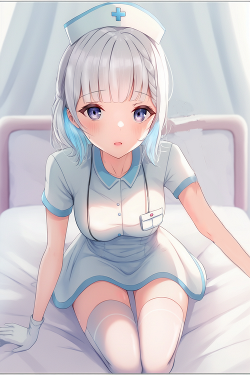 Anime nurse with white hair and blue accents