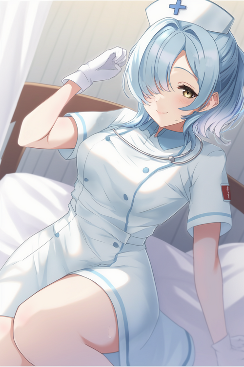Nurse with blue hair smiling in a nurse outfit