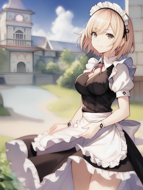 Maid smiling in front of a building