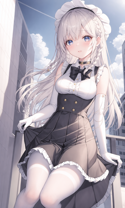 Maid lifting her dress in front of buildings
