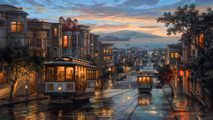 San Francisco cable cars at sunset