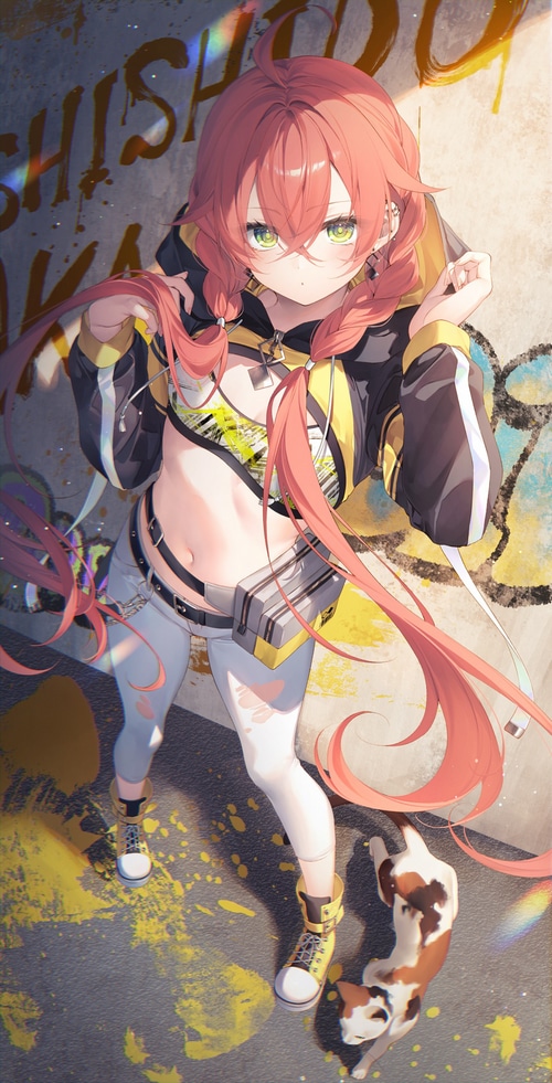 Girl with braids and yellow eyes and a cat