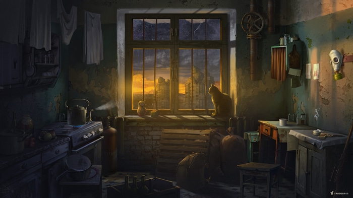 ATOM RPG Trudograd interior with cat and gas mask