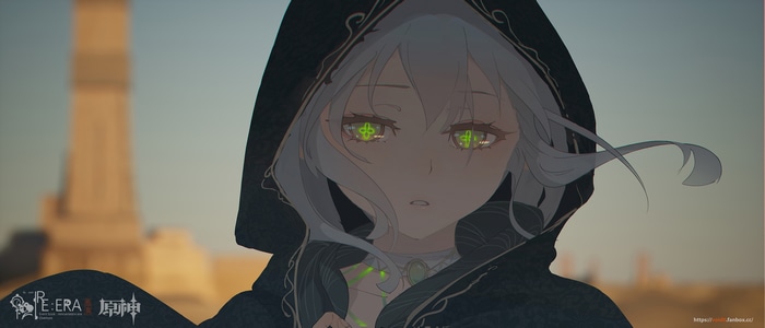 Girl with gray hair and glowing green eyes wearing a hood