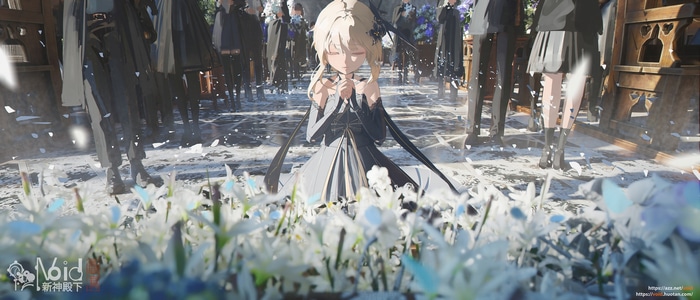 Lumine praying surrounded by flowers in Genshin Impact