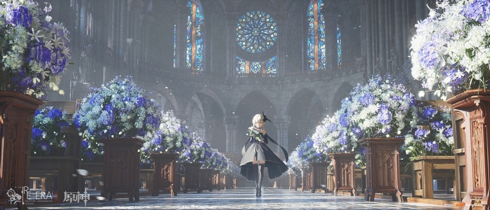 Anime girl in a cathedral with flowers