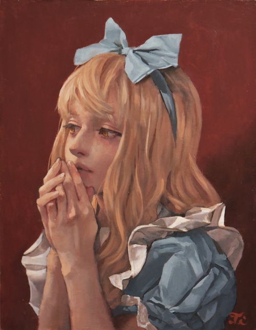 Oil painting of a blonde girl with yellow eyes