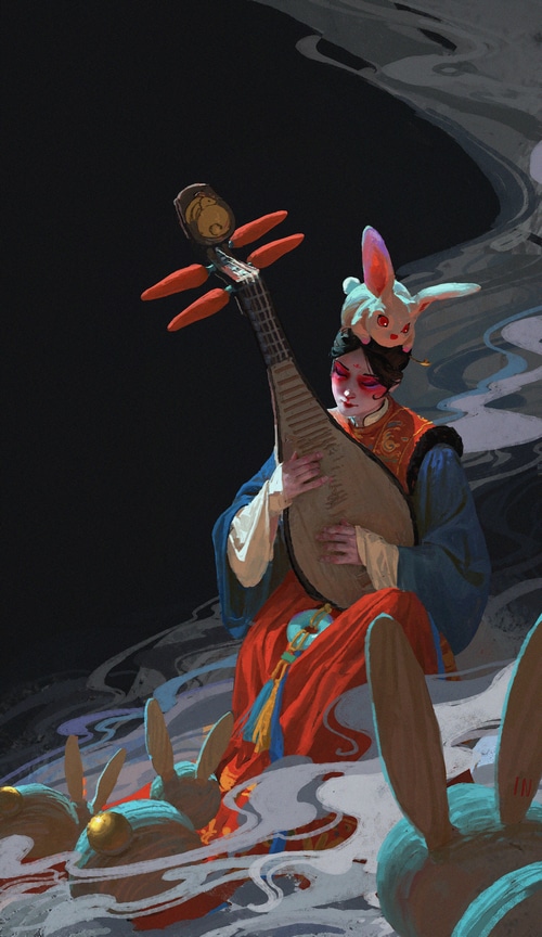 Woman playing a lute with rabbits and smoke