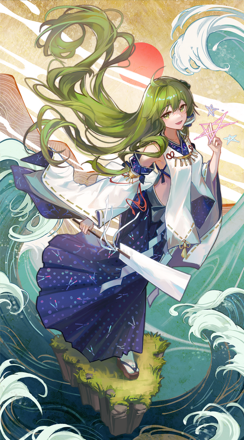 Kochiya Sanae with Green Hair and Eyes in Waves